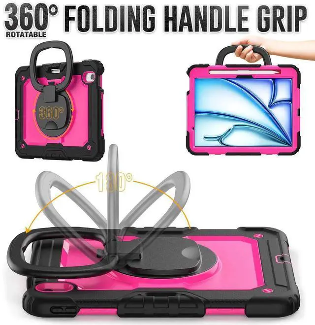 Alt view image 4 of 7 - BONAEVER Case for iPad Pro 11 Inch M5 2025 M4 2024 6th 5th Generation, Shockproof Protective Cover with Screen Protector, Rotating Stand, Hand/Shoulder Strap, Pencil Holder Rose Red