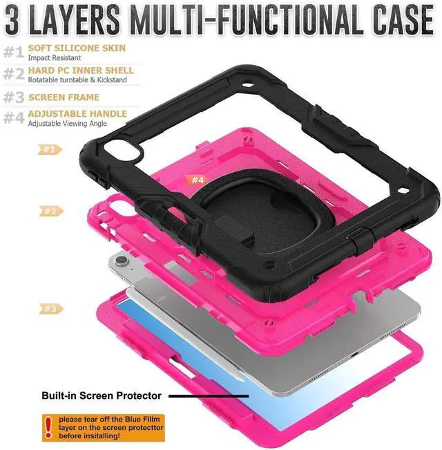 Alt view image 7 of 7 - BONAEVER Case for iPad Pro 11 Inch M5 2025 M4 2024 6th 5th Generation, Shockproof Protective Cover with Screen Protector, Rotating Stand, Hand/Shoulder Strap, Pencil Holder Rose Red