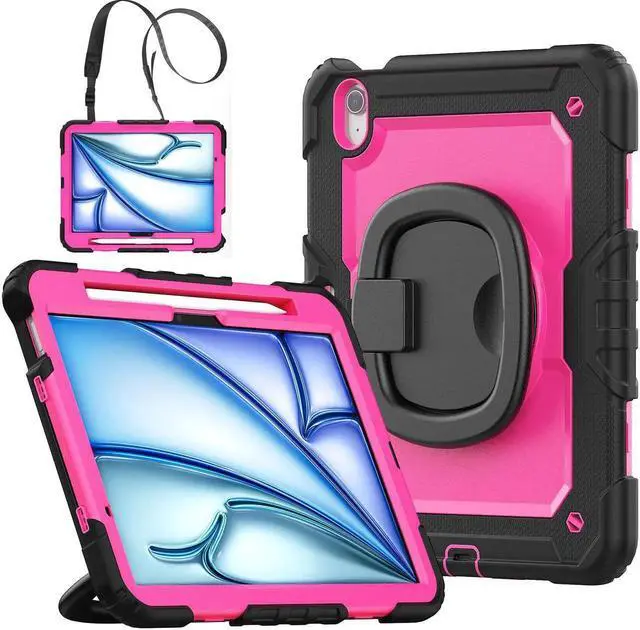 Main image of BONAEVER Case for iPad Pro 11 Inch M5 2025 M4 2024 6th 5th Generation, Shockproof Protective Cover with Screen Protector, Rotating Stand, Hand/Shoulder Strap, Pencil Holder Rose Red