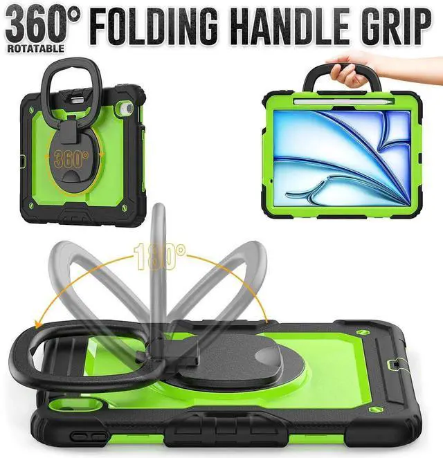 Alt view image 5 of 7 - BONAEVER Case for iPad Pro 11 Inch M5 2025 M4 2024 6th 5th Generation, Shockproof Protective Cover with Screen Protector, Rotating Stand, Hand/Shoulder Strap, Pencil Holder Green