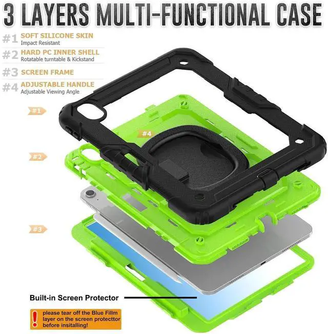 Alt view image 7 of 7 - BONAEVER Case for iPad Pro 11 Inch M5 2025 M4 2024 6th 5th Generation, Shockproof Protective Cover with Screen Protector, Rotating Stand, Hand/Shoulder Strap, Pencil Holder Green