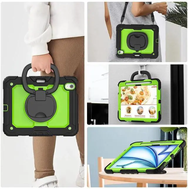 Alt view image 6 of 7 - BONAEVER Case for iPad Pro 11 Inch M5 2025 M4 2024 6th 5th Generation, Shockproof Protective Cover with Screen Protector, Rotating Stand, Hand/Shoulder Strap, Pencil Holder Green