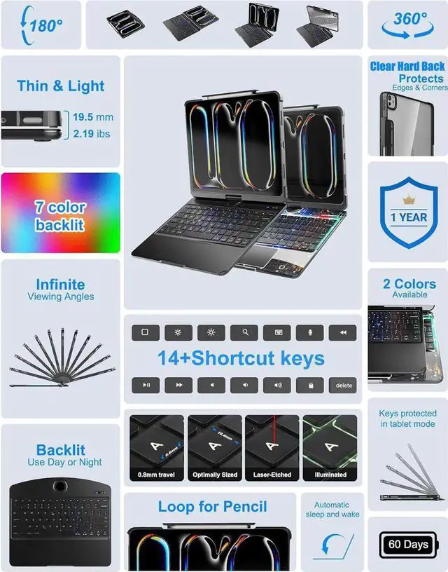 Alt view image 3 of 7 - BONAEVER Wireless Touch Keyboard Case for iPad Pro 11 inch 6th 5th Generation M5 M4 2025 2024 with Clear Cover & Trackpad & Backlight & 360° Rotatable & Pencil Holder