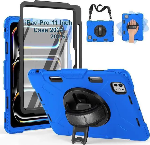 Main image of BONAEVER Case for iPad Pro 11 inch M5 M4 2025 2024 Protective Cover for iPad Pro 11 Inch 6th 5th Generation with Built-in Screen Protector, 360° Rotating Stand, Shoulder Strap, Pencil Holder Blue