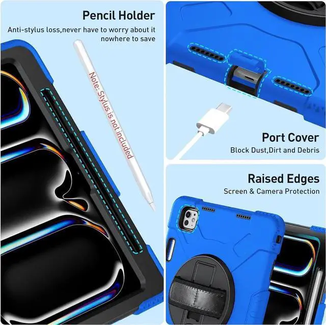 Alt view image 4 of 7 - BONAEVER Case for iPad Pro 11 inch M5 M4 2025 2024 Protective Cover for iPad Pro 11 Inch 6th 5th Generation with Built-in Screen Protector, 360° Rotating Stand, Shoulder Strap, Pencil Holder Blue