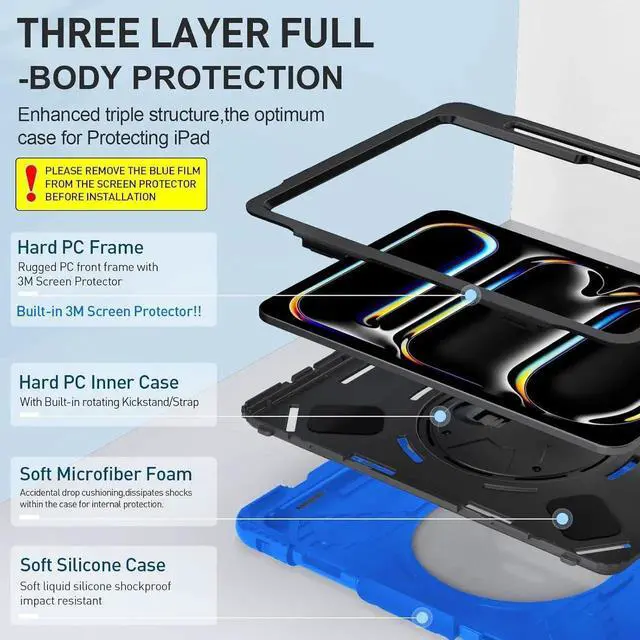 Alt view image 7 of 7 - BONAEVER Case for iPad Pro 11 inch M5 M4 2025 2024 Protective Cover for iPad Pro 11 Inch 6th 5th Generation with Built-in Screen Protector, 360° Rotating Stand, Shoulder Strap, Pencil Holder Blue