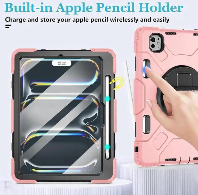 Alt view image 3 of 7 - BONAEVER Case for iPad Pro 11 inch M5 M4 2025 2024 Protective Cover for iPad Pro 11 Inch 6th 5th Generation with Built-in Screen Protector, 360° Rotating Stand, Shoulder Strap, Pencil HolderPink