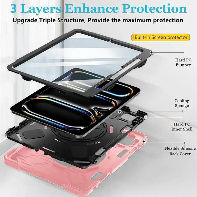 Alt view image 7 of 7 - BONAEVER Case for iPad Pro 11 inch M5 M4 2025 2024 Protective Cover for iPad Pro 11 Inch 6th 5th Generation with Built-in Screen Protector, 360° Rotating Stand, Shoulder Strap, Pencil HolderPink
