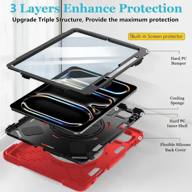 Alt view image 7 of 7 - BONAEVER Case for iPad Pro 11 inch M5 M4 2025 2024 Protective Cover for iPad Pro 11 Inch 6th 5th Generation with Built-in Screen Protector, 360° Rotating Stand, Shoulder Strap, Pencil Holder Red