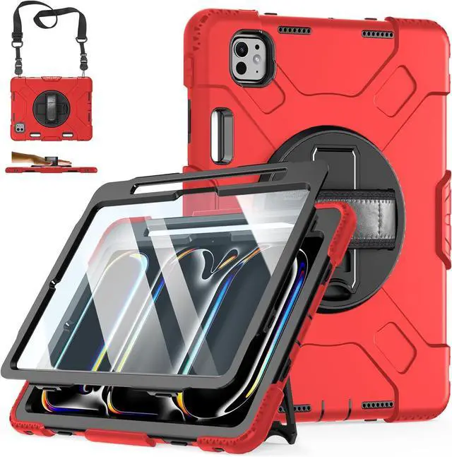 Main image of BONAEVER Case for iPad Pro 11 inch M5 M4 2025 2024 Protective Cover for iPad Pro 11 Inch 6th 5th Generation with Built-in Screen Protector, 360° Rotating Stand, Shoulder Strap, Pencil Holder Red