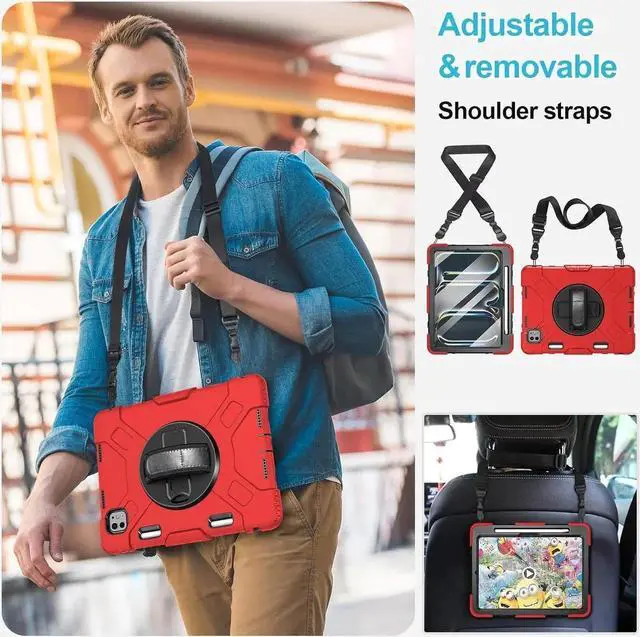 Alt view image 6 of 7 - BONAEVER Case for iPad Pro 11 inch M5 M4 2025 2024 Protective Cover for iPad Pro 11 Inch 6th 5th Generation with Built-in Screen Protector, 360° Rotating Stand, Shoulder Strap, Pencil Holder Red