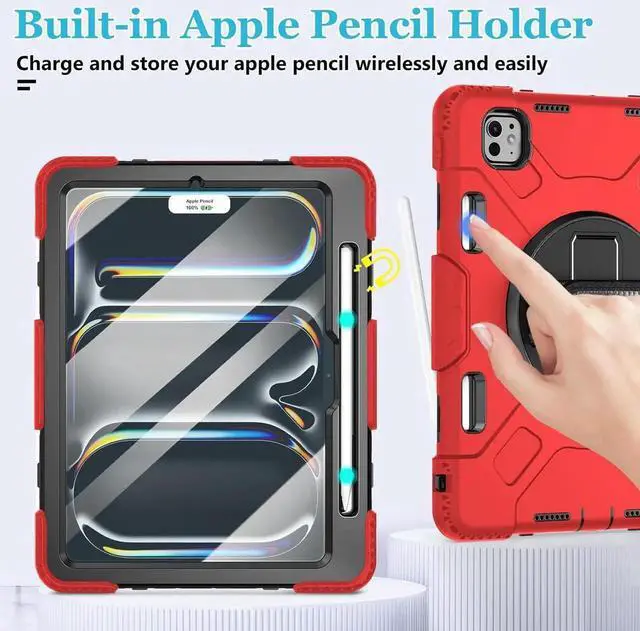 Alt view image 5 of 7 - BONAEVER Case for iPad Pro 11 inch M5 M4 2025 2024 Protective Cover for iPad Pro 11 Inch 6th 5th Generation with Built-in Screen Protector, 360° Rotating Stand, Shoulder Strap, Pencil Holder Red