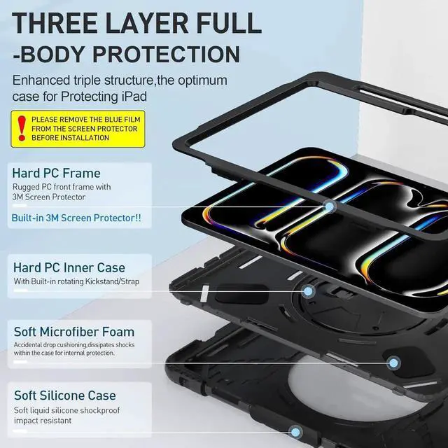 Alt view image 4 of 7 - BONAEVER Case for iPad Pro 11 Inch M5 M4 2025 2024 6th 5th Generation with Built-in Screen Protector, 360° Rotating Stand, Adjustable Shoulder Strap, Pencil Holder