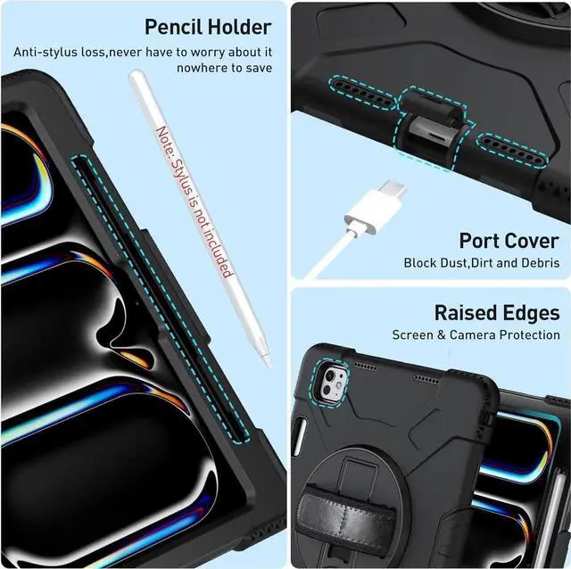 Alt view image 5 of 7 - BONAEVER Case for iPad Pro 11 Inch M5 M4 2025 2024 6th 5th Generation with Built-in Screen Protector, 360° Rotating Stand, Adjustable Shoulder Strap, Pencil Holder