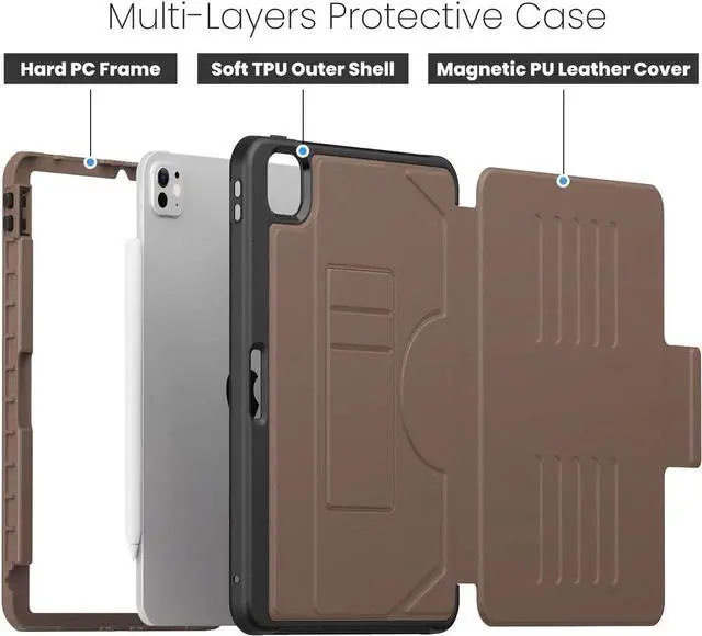 Alt view image 4 of 7 - BONAEVER Case For iPad Pro 11 Inch M5 2025 M4 2024, Smart Magnetic Auto Sleep Shockproof Cover with Multi-Angles Stand, Pen Holder, Card Slot Brown