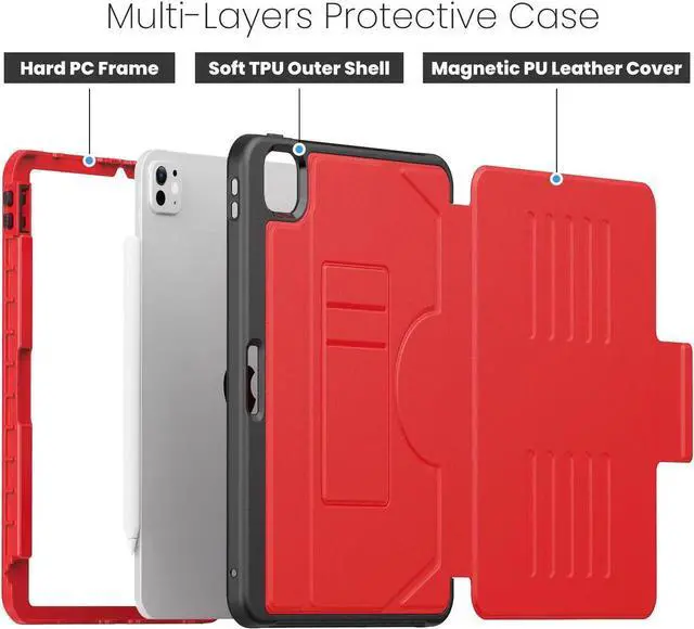 Alt view image 4 of 7 - BONAEVER Case For iPad Pro 11 Inch M5 2025 M4 2024, Smart Magnetic Auto Sleep Shockproof Cover with Multi-Angles Stand, Pen Holder, Card Slot Red