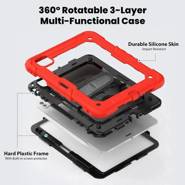 Alt view image 7 of 7 - BONAEVER for iPad Pro 11 Inch Case M5 2025 M4 2024 6th 5th Generation Protective Cover with Built-in Screen Protector, 360° Rotating Stand, Adjustable Shoulder Strap, Pencil Holder Red
