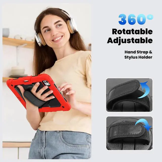 Alt view image 4 of 7 - BONAEVER for iPad Pro 11 Inch Case M5 2025 M4 2024 6th 5th Generation Protective Cover with Built-in Screen Protector, 360° Rotating Stand, Adjustable Shoulder Strap, Pencil Holder Red