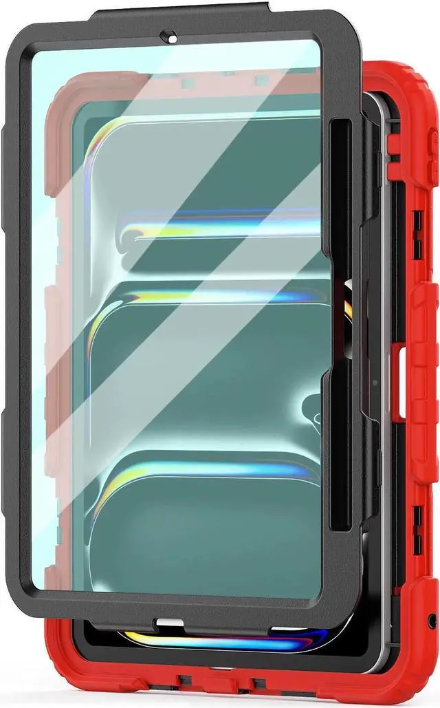 Alt view image 5 of 7 - BONAEVER for iPad Pro 11 Inch Case M5 2025 M4 2024 6th 5th Generation Protective Cover with Built-in Screen Protector, 360° Rotating Stand, Adjustable Shoulder Strap, Pencil Holder Red