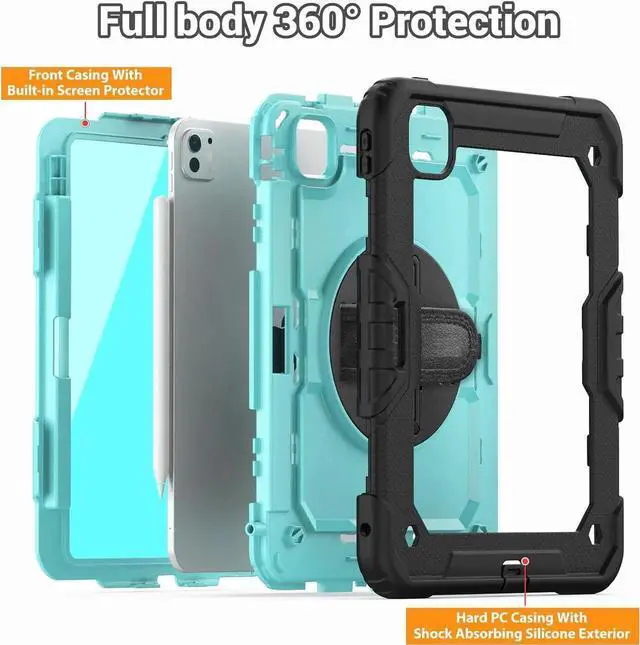 Alt view image 7 of 7 - BONAEVER for iPad Pro 11 Inch Case M5 2025 M4 2024 6th 5th Generation Protective Cover with Built-in Screen Protector, 360° Rotating Stand, Adjustable Shoulder Strap, Pencil Holder Light Blue