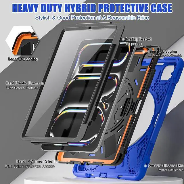 Alt view image 7 of 7 - BONAEVER Case for iPad Pro 11 Inch M5 M4 2025 2024 6th 5th Generation with Built-in Screen Protector, 360° Rotating Stand, Adjustable Shoulder Strap, Precise Cutouts, Pencil Holder Blue