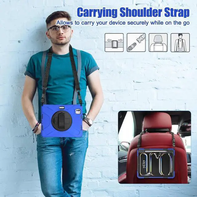 Alt view image 6 of 7 - BONAEVER Case for iPad Pro 11 Inch M5 M4 2025 2024 6th 5th Generation with Built-in Screen Protector, 360° Rotating Stand, Adjustable Shoulder Strap, Precise Cutouts, Pencil Holder Blue