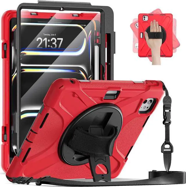 Main image of BONAEVER Case for iPad Pro 11 Inch M5 M4 2025 2024 6th 5th Generation with Built-in Screen Protector, 360° Rotating Stand, Adjustable Shoulder Strap, Precise Cutouts, Pencil Holder Red