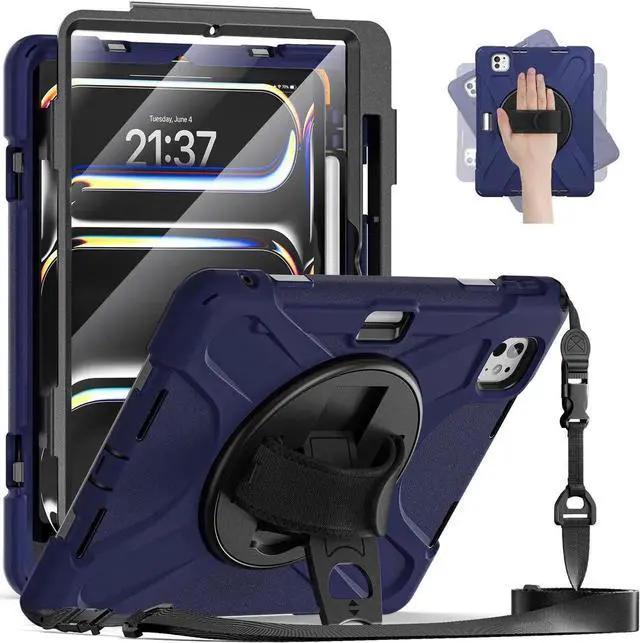 Main image of BONAEVER Case for iPad Pro 11 Inch M5 M4 2025 2024 6th 5th Generation with Built-in Screen Protector, 360° Rotating Stand, Adjustable Shoulder Strap, Precise Cutouts, Pencil Holder Navy Blue