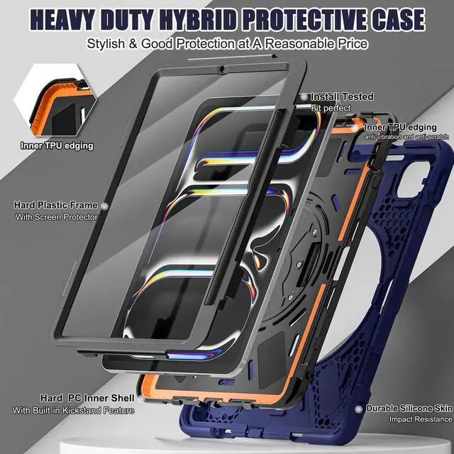 Alt view image 7 of 7 - BONAEVER Case for iPad Pro 11 Inch M5 M4 2025 2024 6th 5th Generation with Built-in Screen Protector, 360° Rotating Stand, Adjustable Shoulder Strap, Precise Cutouts, Pencil Holder Navy Blue