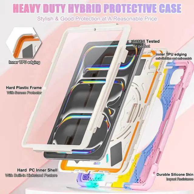 Alt view image 7 of 7 - BONAEVER Case for iPad Pro 11 Inch M5 M4 2025 2024 6th 5th Generation with Built-in Screen Protector, 360° Rotating Stand, Adjustable Shoulder Strap, Precise Cutouts, Pencil Holder Pink