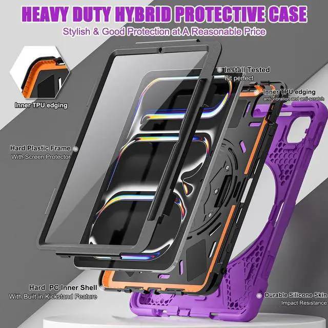 Alt view image 7 of 7 - BONAEVER Case for iPad Pro 11 Inch M5 M4 2025 2024 6th 5th Generation with Built-in Screen Protector, 360° Rotating Stand, Adjustable Shoulder Strap, Precise Cutouts, Pencil Holder Purple