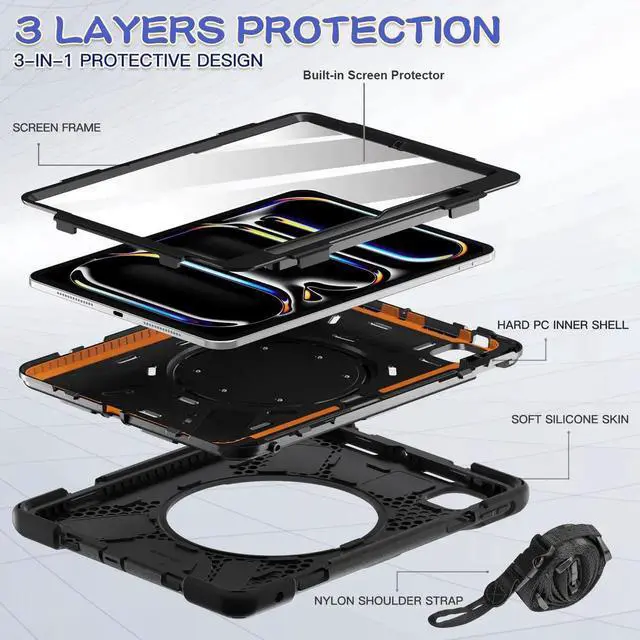 Alt view image 6 of 7 - BONAEVER Cover Case for iPad Pro 11 Inch M5 M4 2024 6th 5th Generation A2836/A2837/A3006 with Built-in Screen Protector, 360° Rotating Stand, Adjustable Shoulder Strap, Hand Shoulder, Pencil Holder