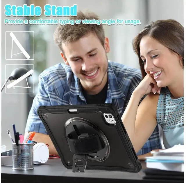 Alt view image 6 of 7 - BONAEVER Case for iPad Pro 11 Inch M5 2025 M4 2024 6th 5th Gen Heavy Duty Rugged Shockproof Cover with 360° Rotating Hand Strap Foldable Stand & Shoulder Strap, Pencil Holder