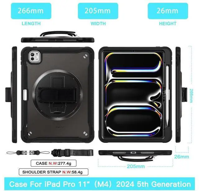 Alt view image 3 of 7 - BONAEVER Case for iPad Pro 11 Inch M5 2025 M4 2024 6th 5th Gen Heavy Duty Rugged Shockproof Cover with 360° Rotating Hand Strap Foldable Stand & Shoulder Strap, Pencil Holder