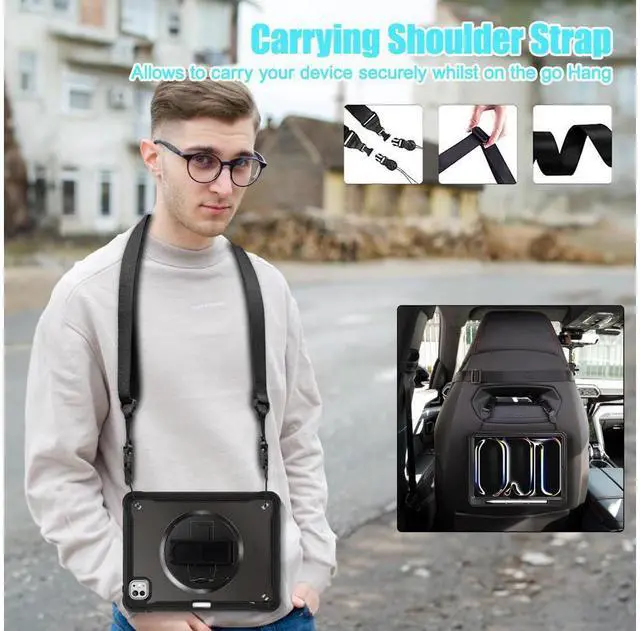Alt view image 5 of 7 - BONAEVER Case for iPad Pro 11 Inch M5 2025 M4 2024 6th 5th Gen Heavy Duty Rugged Shockproof Cover with 360° Rotating Hand Strap Foldable Stand & Shoulder Strap, Pencil Holder