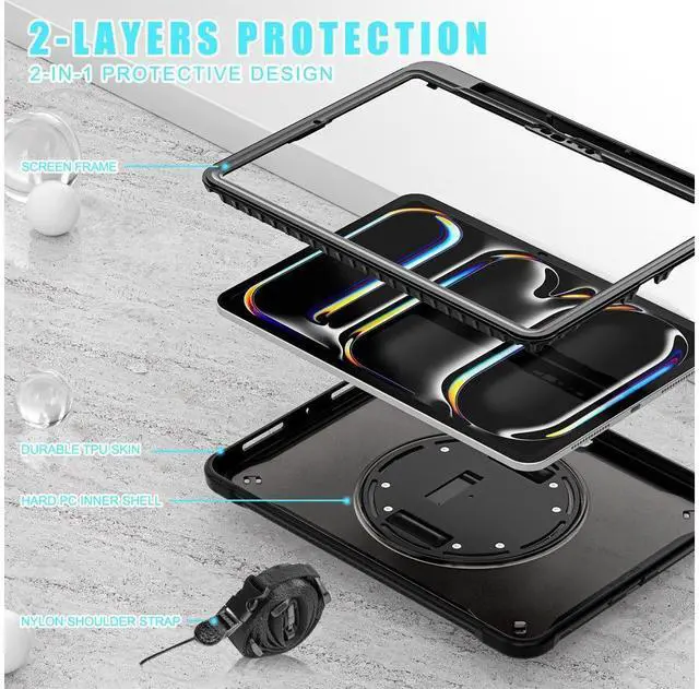 Alt view image 7 of 7 - BONAEVER Case for iPad Pro 11 Inch M5 2025 M4 2024 6th 5th Gen Heavy Duty Rugged Shockproof Cover with 360° Rotating Hand Strap Foldable Stand & Shoulder Strap, Pencil Holder