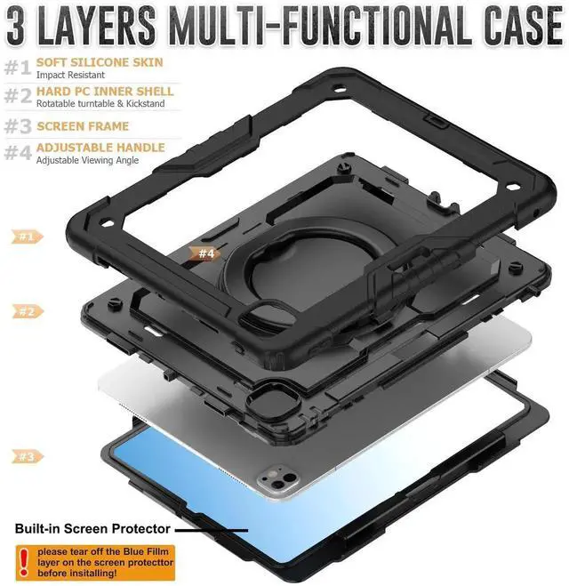 Alt view image 3 of 7 - BONAEVER Case for iPad Pro 13 Inch M5 M4 2025 2024 with Built-in Screen Protector, 360° Rotating Stand, Pencil Holder, Adjustable Shoulder Strap, Pencil Holder