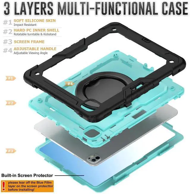 Alt view image 3 of 7 - BONAEVER Case for iPad Pro 13 Inch M5 M4 2025 2024 with Built-in Screen Protector, 360° Rotating Stand, Pencil Holder, Adjustable Shoulder Strap, Pencil Holder Light Blue