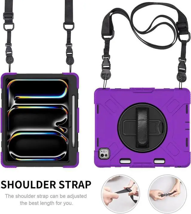 Alt view image 6 of 7 - BONAEVER Case for iPad Pro 13 Inch M5 2025 M4 2024 with Built-in Screen Protector, 360° Rotating Stand, Adjustable Shoulder Strap, Precise Cutouts, Pencil Holder Purple