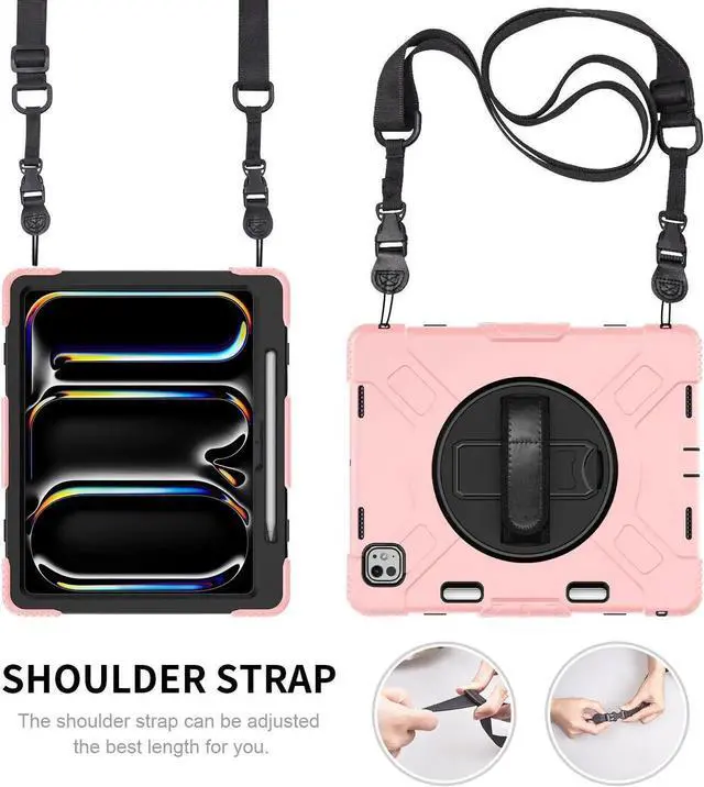 Alt view image 5 of 7 - BONAEVER Case for iPad Pro 13 Inch M5 2025 M4 2024 with Built-in Screen Protector, 360° Rotating Stand, Adjustable Shoulder Strap, Precise Cutouts, Pencil Holder Rose Gold