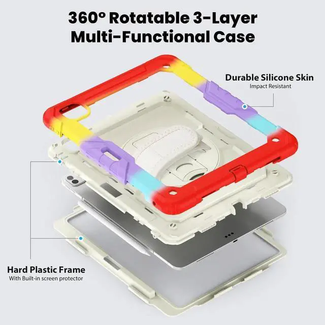 Alt view image 7 of 7 - BONAEVER Case for iPad Pro 13 Inch M5 2025 M4 2024 with Built-in Screen Protector, 360° Rotating Stand, Adjustable Shoulder Strap, Pencil Holder Rainbow Red