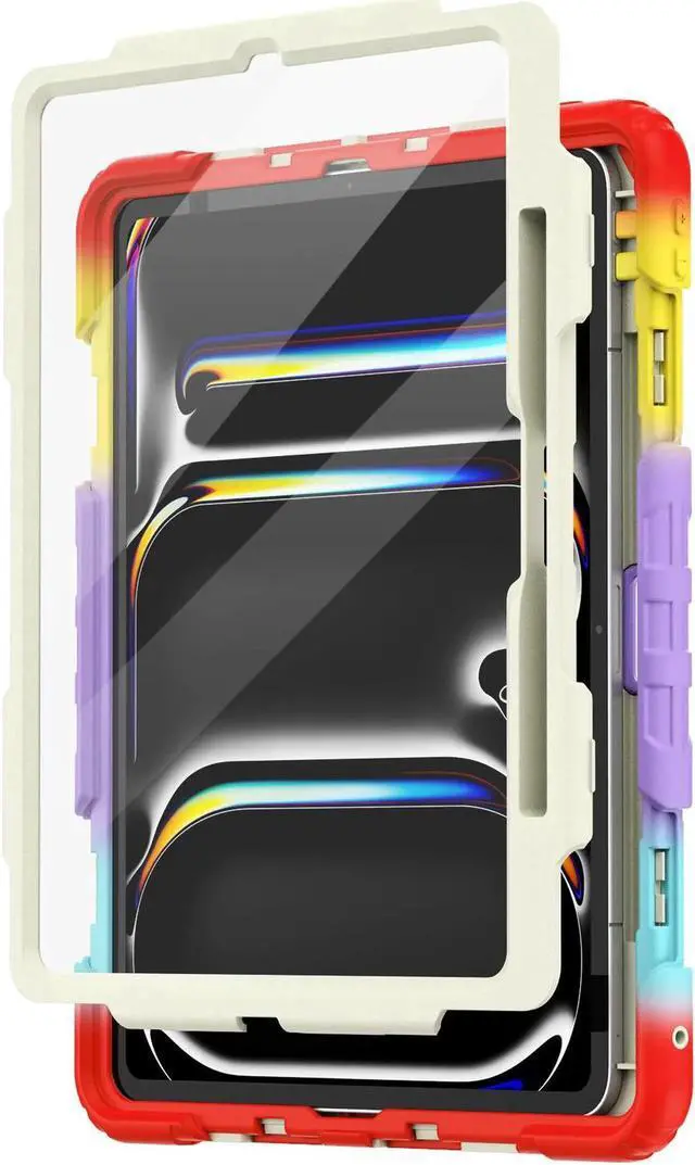 Alt view image 6 of 7 - BONAEVER Case for iPad Pro 13 Inch M5 2025 M4 2024 with Built-in Screen Protector, 360° Rotating Stand, Adjustable Shoulder Strap, Pencil Holder Rainbow Red