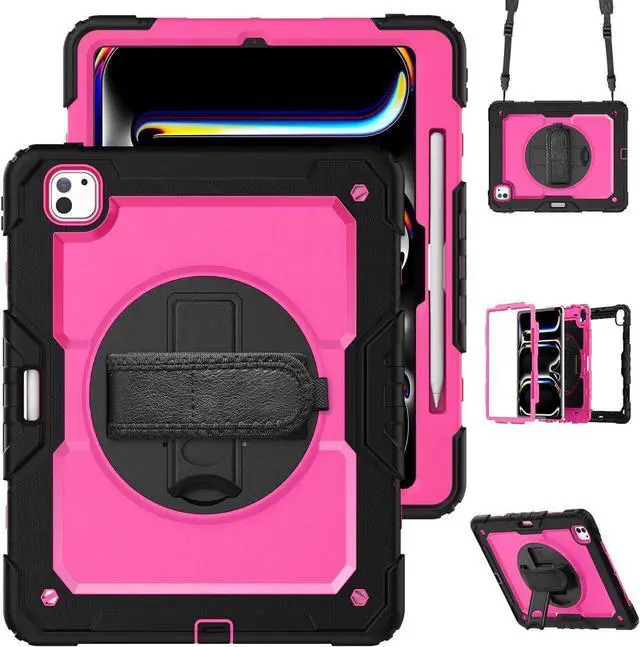 Main image of BONAEVER Case for iPad Pro 13 Inch M5 2025 M4 2024 with Built-in Screen Protector, 360° Rotating Stand, Adjustable Shoulder Strap, Pencil Holder Rose Red