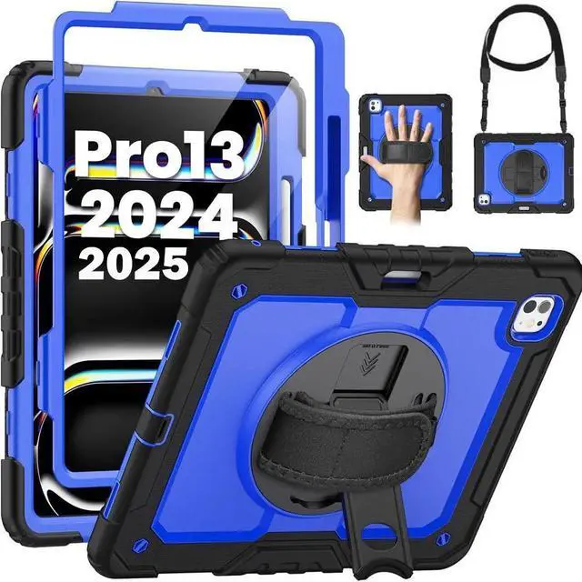 Main image of BONAEVER Case for iPad Pro 13 Inch M5 2025 M4 2024 with Built-in Screen Protector, 360° Rotating Stand, Adjustable Shoulder Strap, Pencil Holder Blue