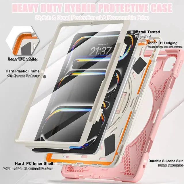 Alt view image 7 of 7 - BONAEVER Case for iPad Pro 13 Inch M5 2025 / M4 2024 with Built-in Screen Protector, 360° Rotating Stand, Adjustable Shoulder Strap, Stylus Pen, Pencil Holder Pink