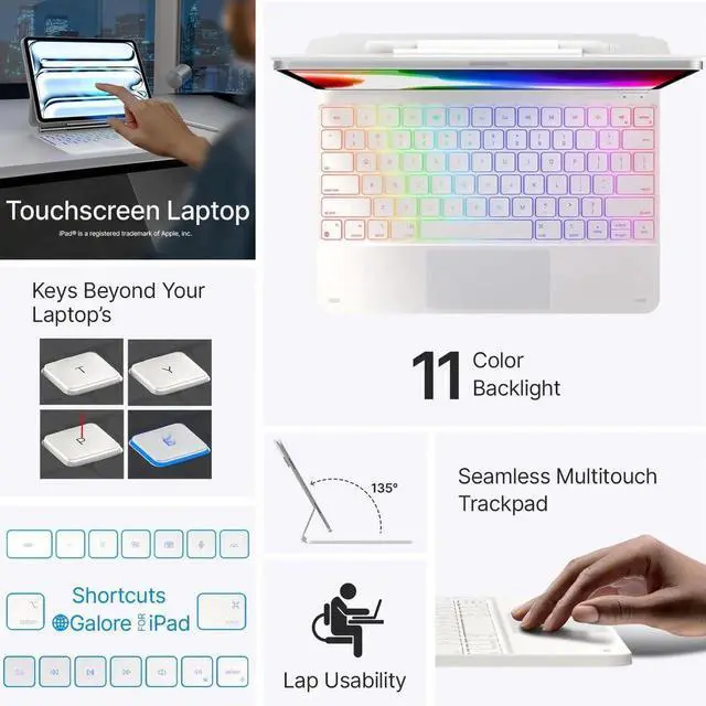 Alt view image 6 of 7 - BONAEVER Magic Wireless Keyboard Case for iPad Pro 13 inch M5 2025 M4 2024, Magic Keyboard with 11 Colors Backlight, Pencil Holder,Multi-Touch Trackpad, Easy-Set Magnetic Stand White