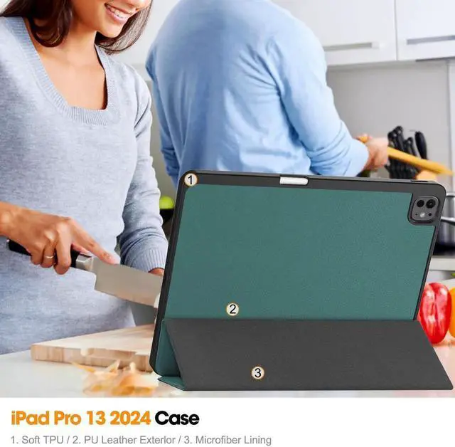 Alt view image 5 of 7 - BONAEVER Case for iPad Pro 13 Inch M5 M4 2025 2024, Slim Smart Stand Cover Protective Cover with Pencil Holder, Stand, Universal Stylus Pen,Support Apple Pencil Charging + Auto Wake/Sleep Dark Green