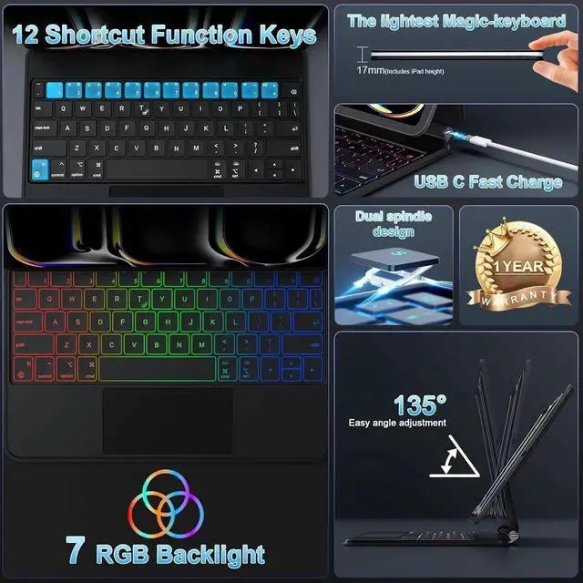 Alt view image 3 of 7 - BONAEVER Magic Keyboard Case for iPad Pro 13 inch M5 2025 M4 2024, Auto-Connect, Smart Folio Cover, No Battery Required, Multi-Touch Trackpad, Backlit Keyboard, Support iPad Charging via Keyboard