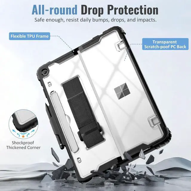 Alt view image 3 of 7 - BONAEVER Case for Microsoft Surface Pro 12 Inch 2025 with Pen Holder, Rugged Clear Back Protective Cover with Removable Hand Strap, Compatible with Type Cover Keyboard, Black