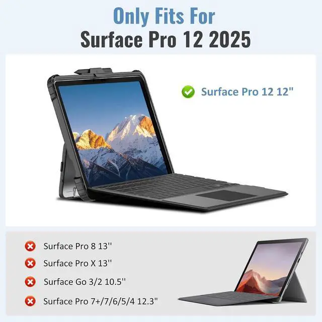 Alt view image 2 of 7 - BONAEVER Case for Microsoft Surface Pro 12 Inch 2025 with Pen Holder, Rugged Clear Back Protective Cover with Removable Hand Strap, Compatible with Type Cover Keyboard, Black